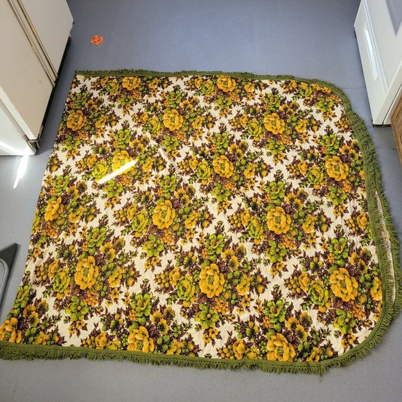 Vtg MCM Bouquet Floral Couch Sofa Cover Blanket Fringe Avocado Green